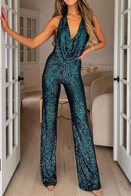 Combinaison de soirée à sequins à col halter
