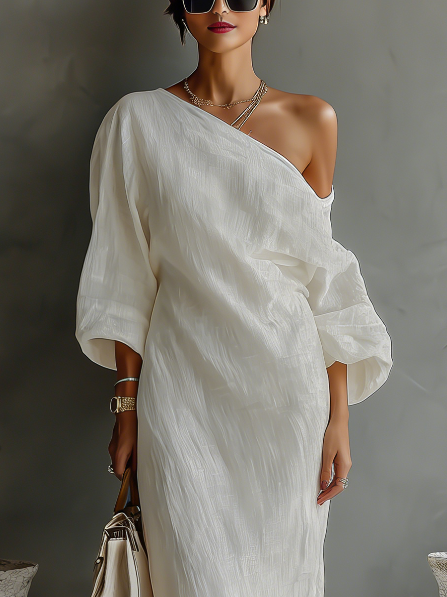 Robe Élégante Flottante en Blanc Ivoire avec Design Off-Shoulder