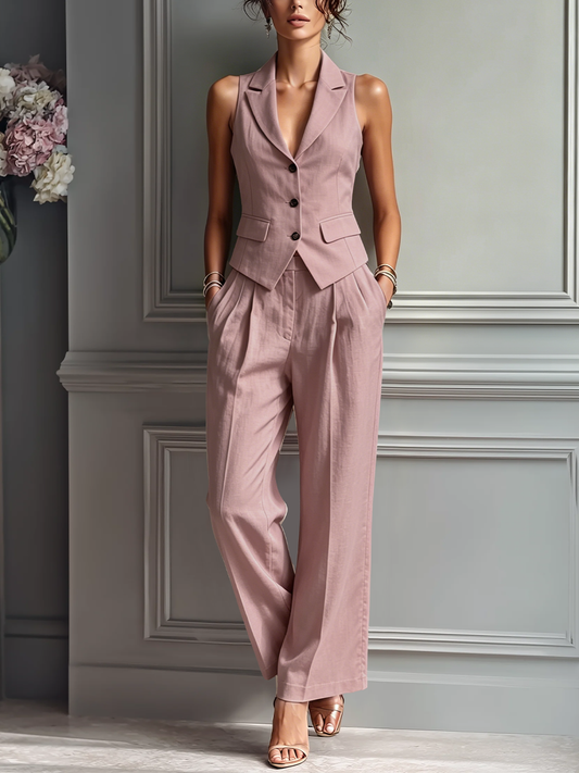 Lilou - Ensemble composé d'une veste sans manches en lin et d'un pantalon large