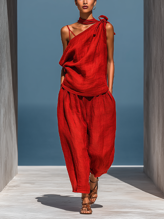 Blanche - Ensemble Rouge en Lin à Deux Pièces : Top Asymétrique à Une Épaule (Sans Écharpe) & Pantalon Large avec Poches