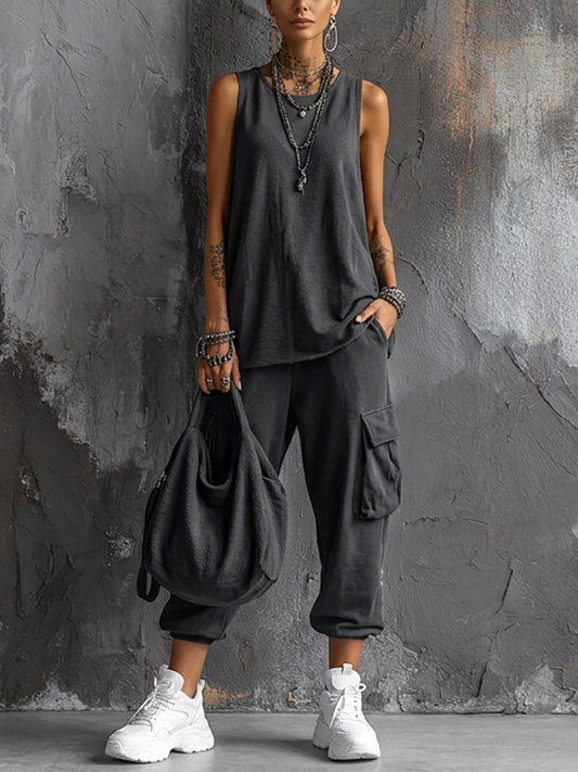 Émilie - Ensemble Haut Sans Manches en Mélange de Coton Gris Foncé + Pantalons Cargo Jogger Style Décontracté