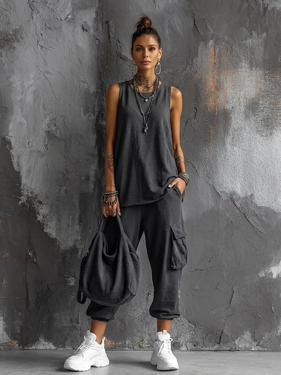 Émilie - Ensemble Haut Sans Manches en Mélange de Coton Gris Foncé + Pantalons Cargo Jogger Style Décontracté