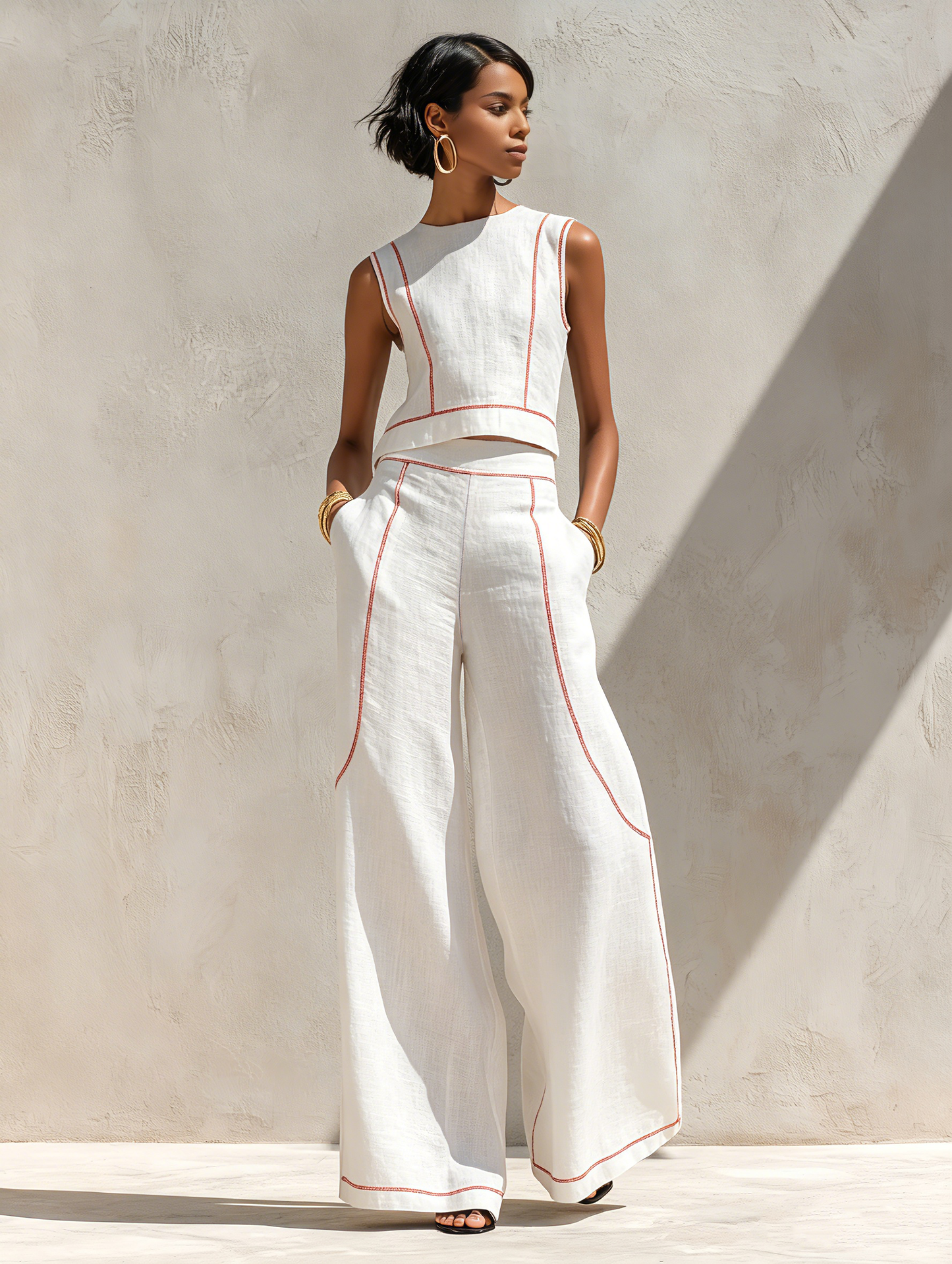 Faustine - Ensemble Blouse Minimaliste en Mélange de Lin à Coutures Contrastées & Pantalon à Jambes Larges