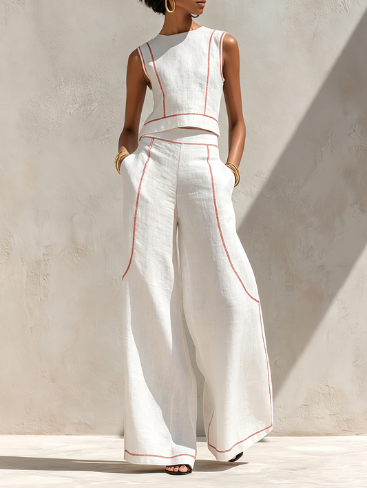 Faustine - Ensemble Blouse Minimaliste en Mélange de Lin à Coutures Contrastées & Pantalon à Jambes Larges