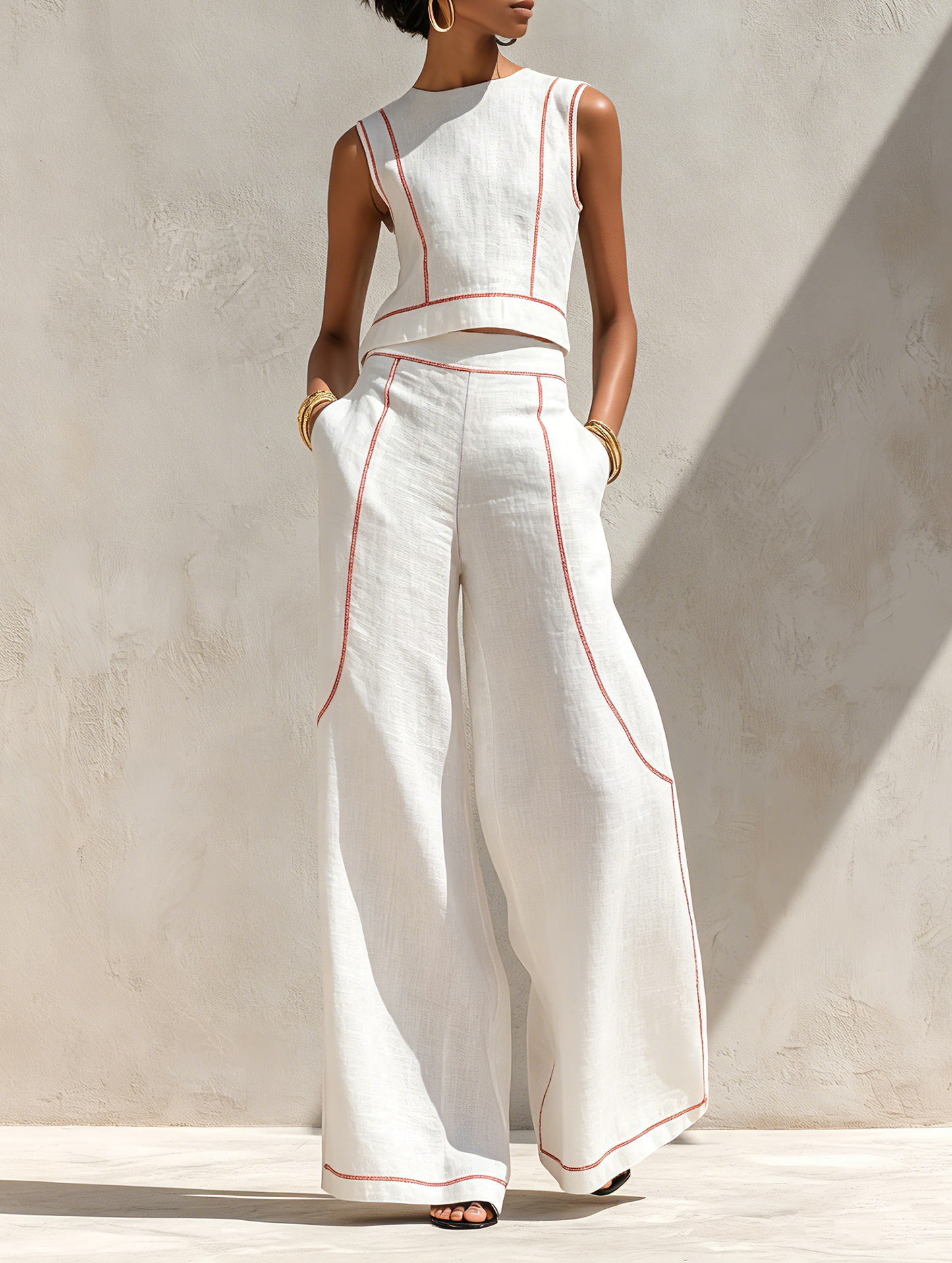 Chloe- Blouse Minimaliste en Mélange de Lin à Coutures Contrastées & Pantalon Large