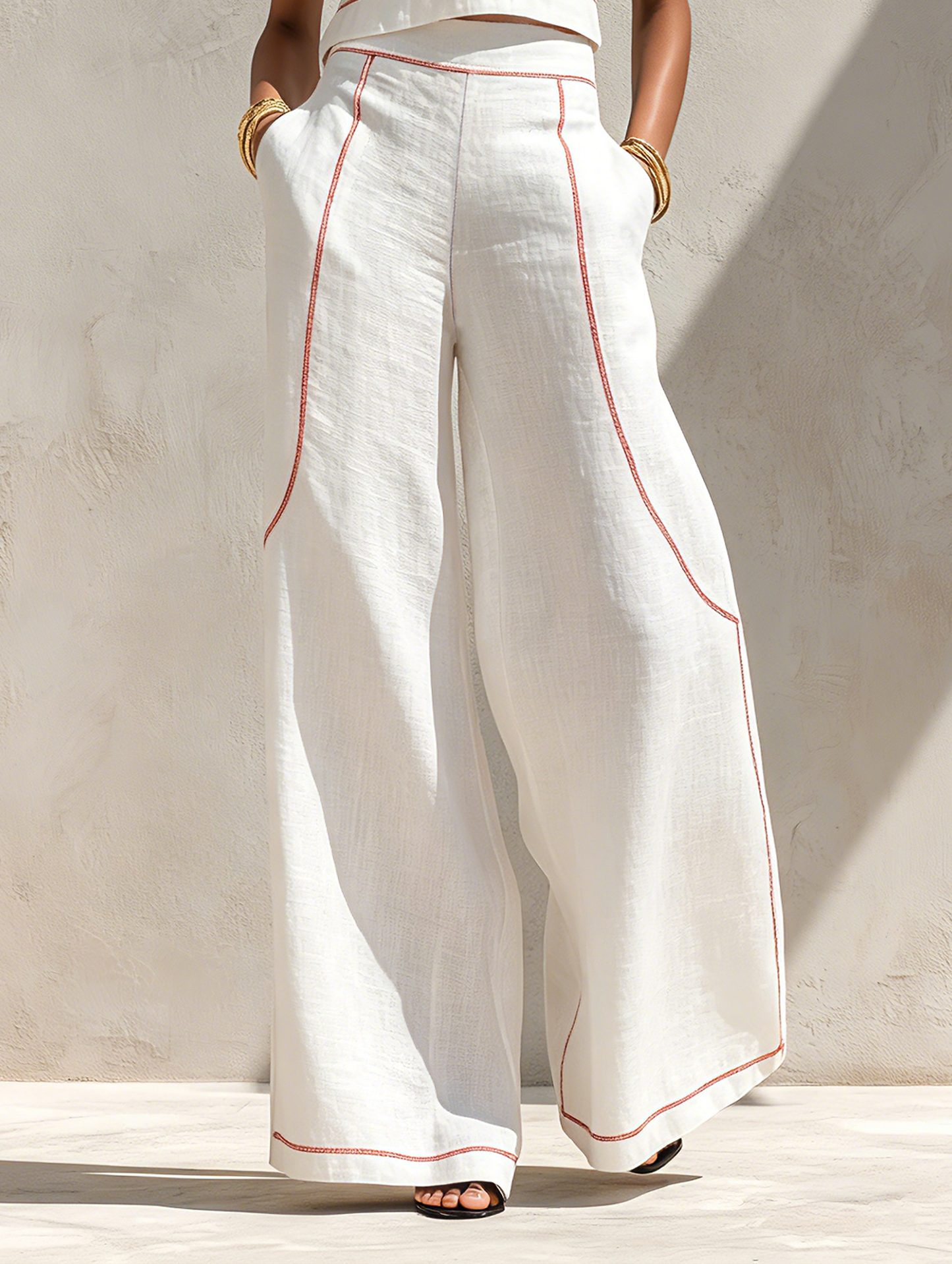 Chloe- Blouse Minimaliste en Mélange de Lin à Coutures Contrastées & Pantalon Large