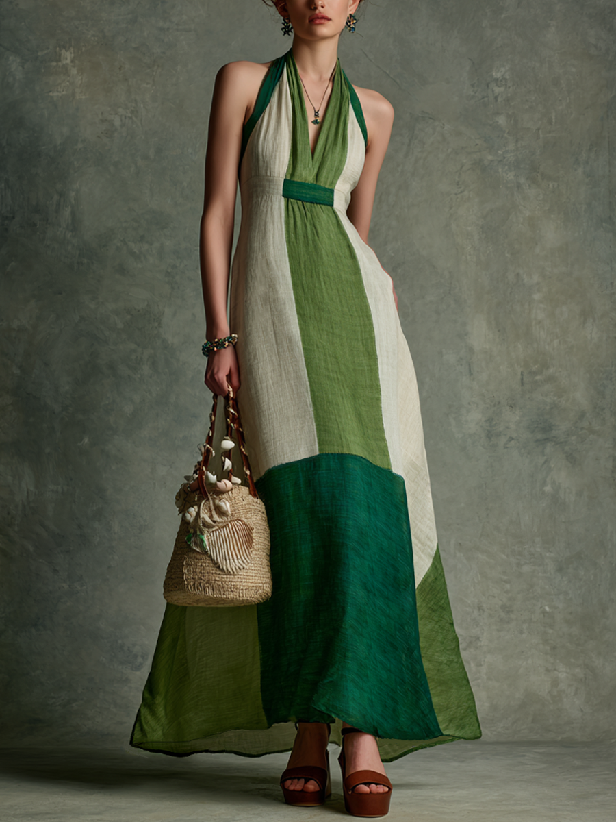 Thalia - Robe Maxi Vert et Blanc en Lin-Coton à Encolure Halter en V