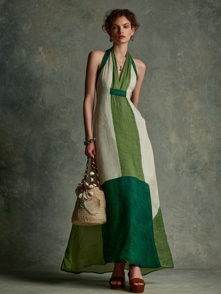 Thalia - Robe Maxi Vert et Blanc en Lin-Coton à Encolure Halter en V
