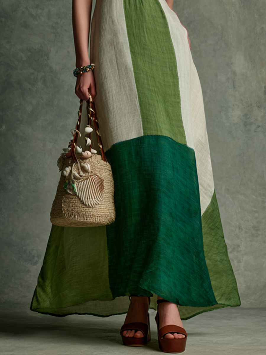 Thalia - Robe Maxi Vert et Blanc en Lin-Coton à Encolure Halter en V