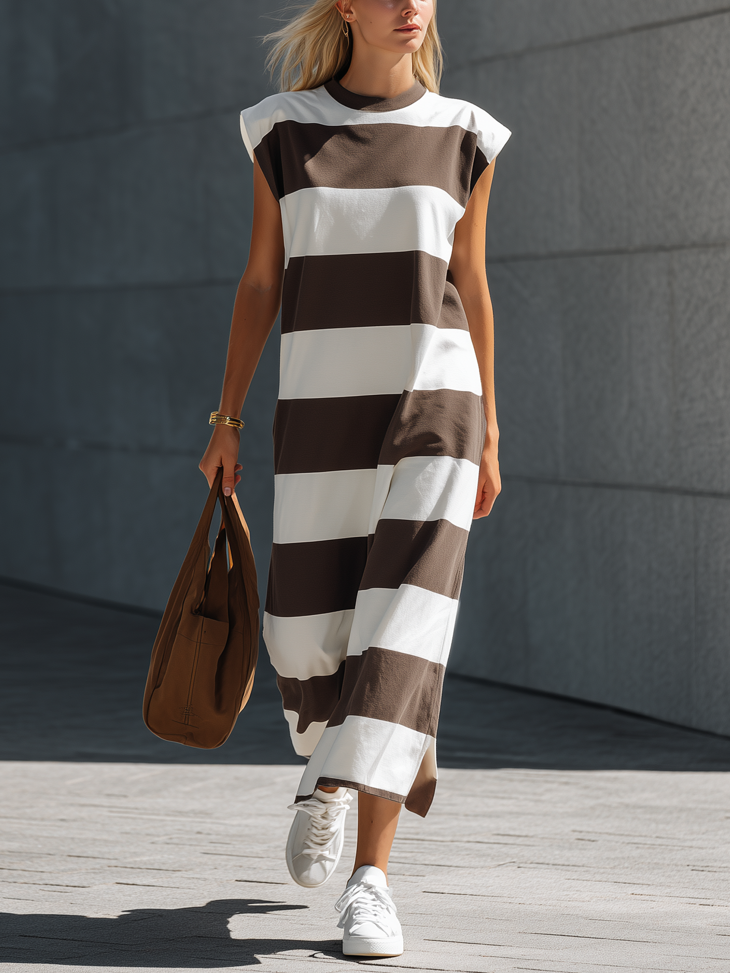 Lia - Robe maxi en tricot extensible marron et blanc décontractée