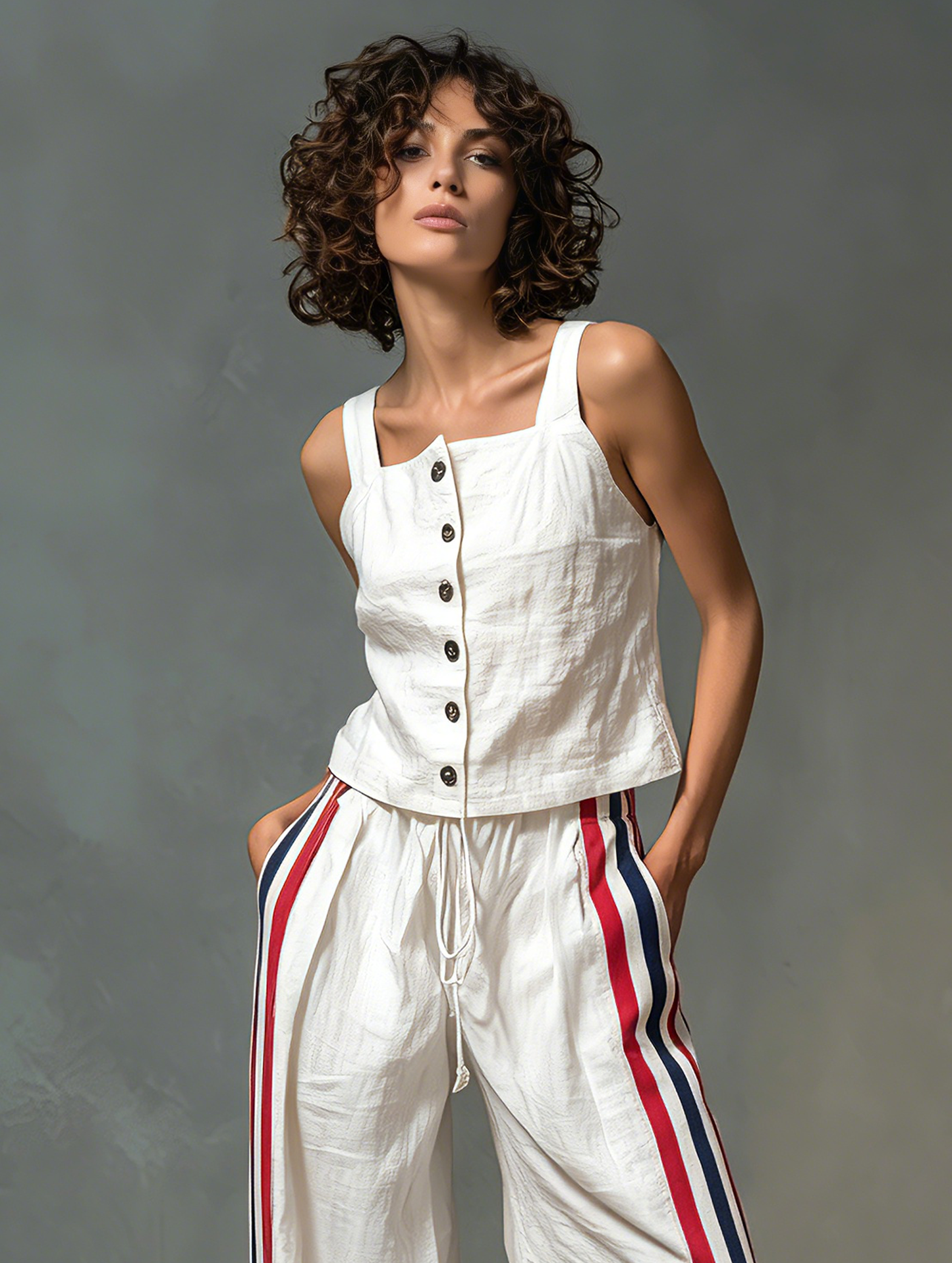 Alizée - Ensemble Minimaliste en Lin Mélangé: Débardeur à Boutonnage Simple & Pantalons à Jambes Larges