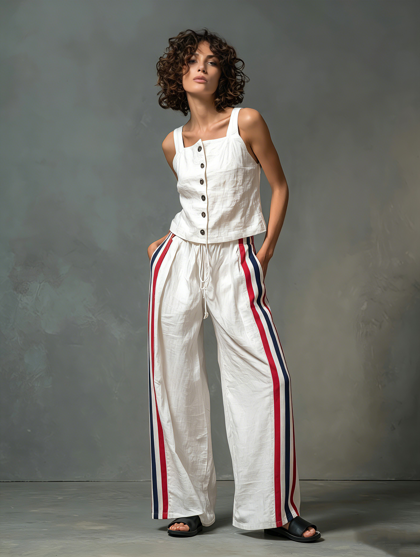 Alizée - Ensemble Minimaliste en Lin Mélangé: Débardeur à Boutonnage Simple & Pantalons à Jambes Larges