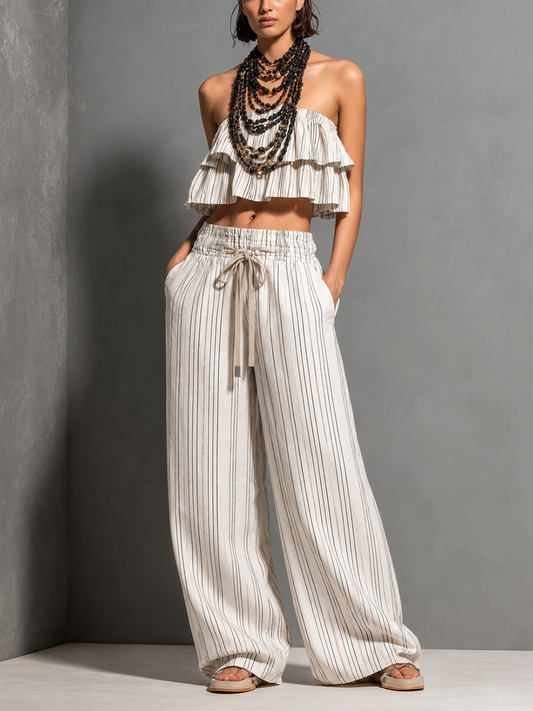 Lison - Ensemble Rayé en Coton-Lin pour Femmes : Haut Bandeau à Volants à Deux Niveaux et Pantalon Large à Cordon