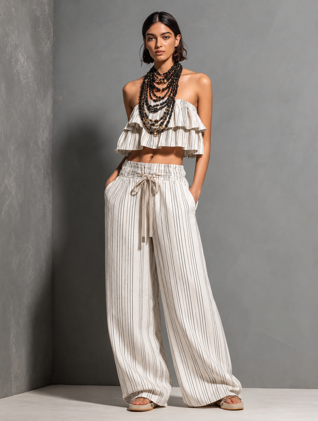 Lison - Ensemble Rayé en Coton-Lin pour Femmes : Haut Bandeau à Volants à Deux Niveaux et Pantalon Large à Cordon