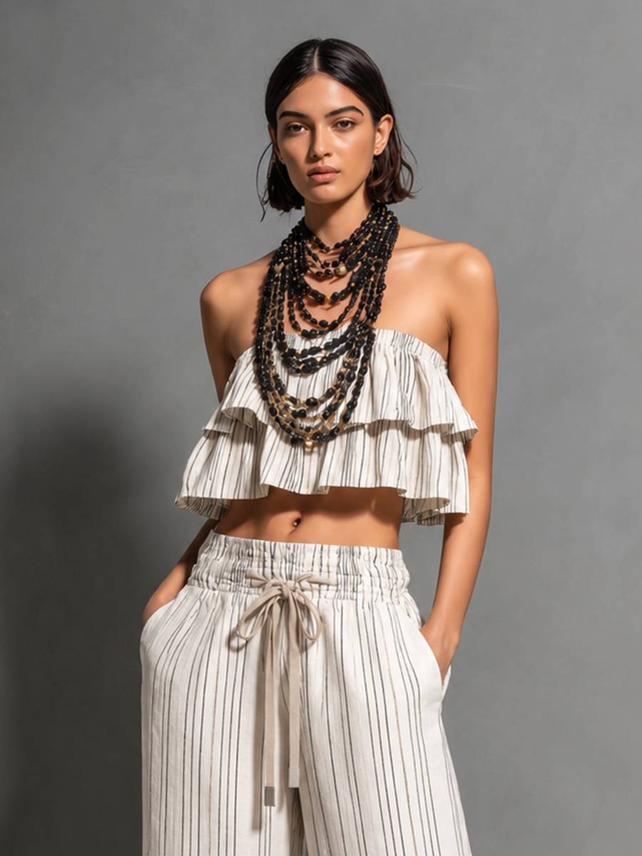 Lison - Ensemble Rayé en Coton-Lin pour Femmes : Haut Bandeau à Volants à Deux Niveaux et Pantalon Large à Cordon