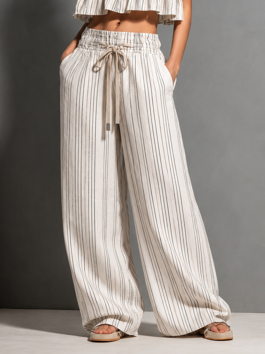 Lison - Ensemble Rayé en Coton-Lin pour Femmes : Haut Bandeau à Volants à Deux Niveaux et Pantalon Large à Cordon