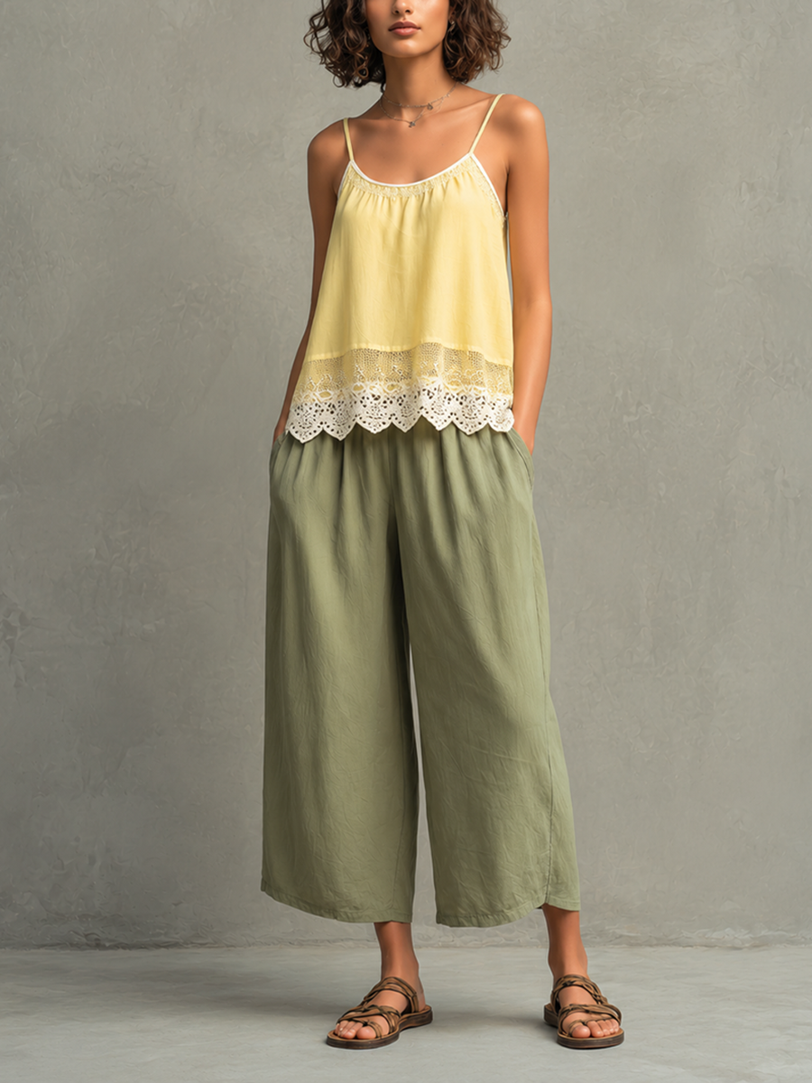Faustine - Ensemble en Coton-Lin Bleu : Crop Top à Col Carré et Manches Bouffantes, Pantalons Amples Volants