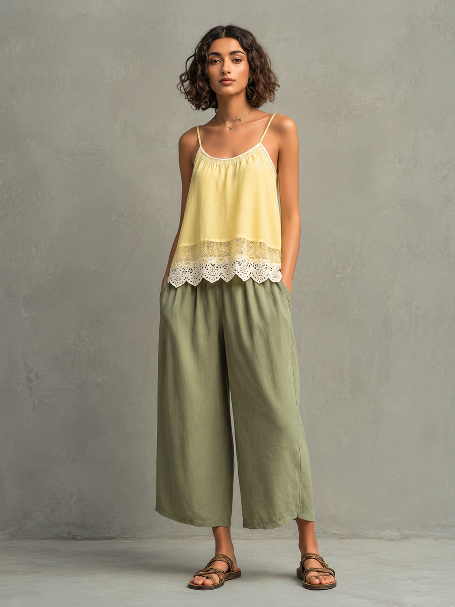 Faustine - Ensemble en Coton-Lin Bleu : Crop Top à Col Carré et Manches Bouffantes, Pantalons Amples Volants