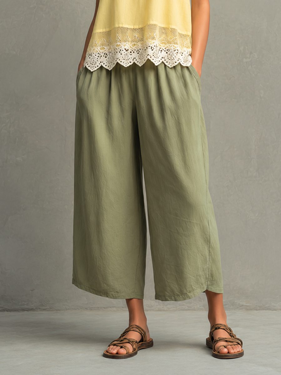 Faustine - Ensemble en Coton-Lin Bleu : Crop Top à Col Carré et Manches Bouffantes, Pantalons Amples Volants