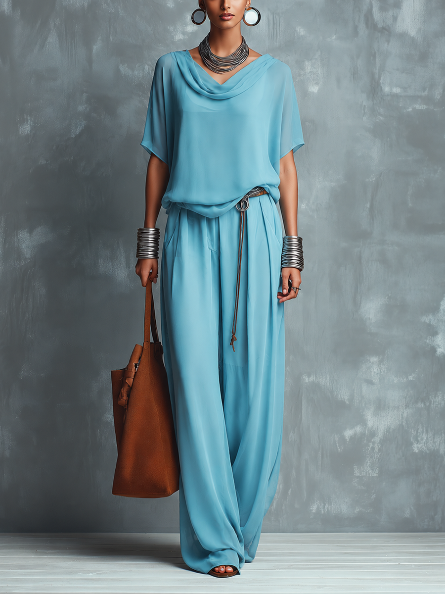 Constance - Ensemble Top à Col Cagoule en Chiffon Bleu et Pantalons à Jambes Amples