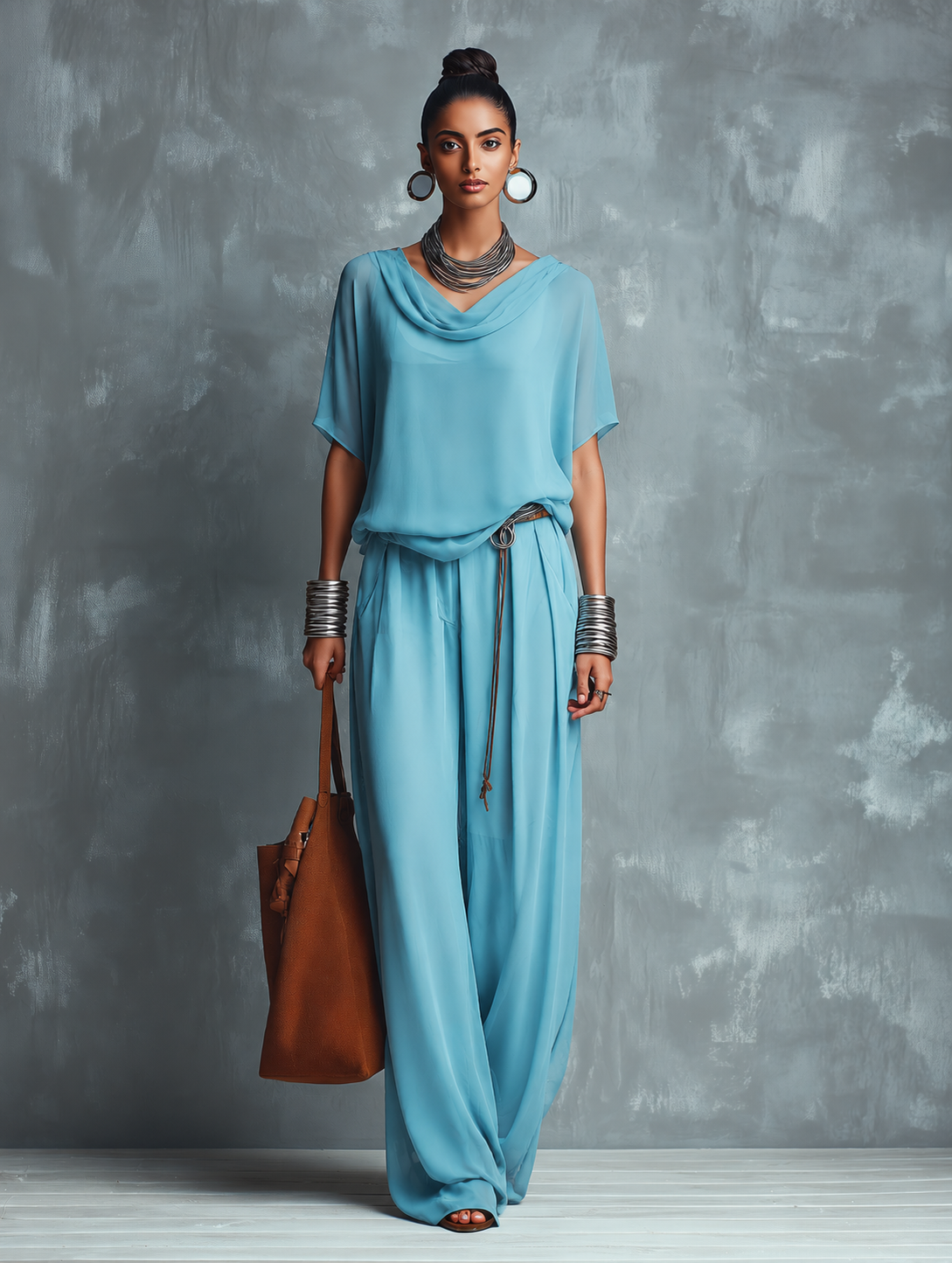 Constance - Ensemble Top à Col Cagoule en Chiffon Bleu et Pantalons à Jambes Amples
