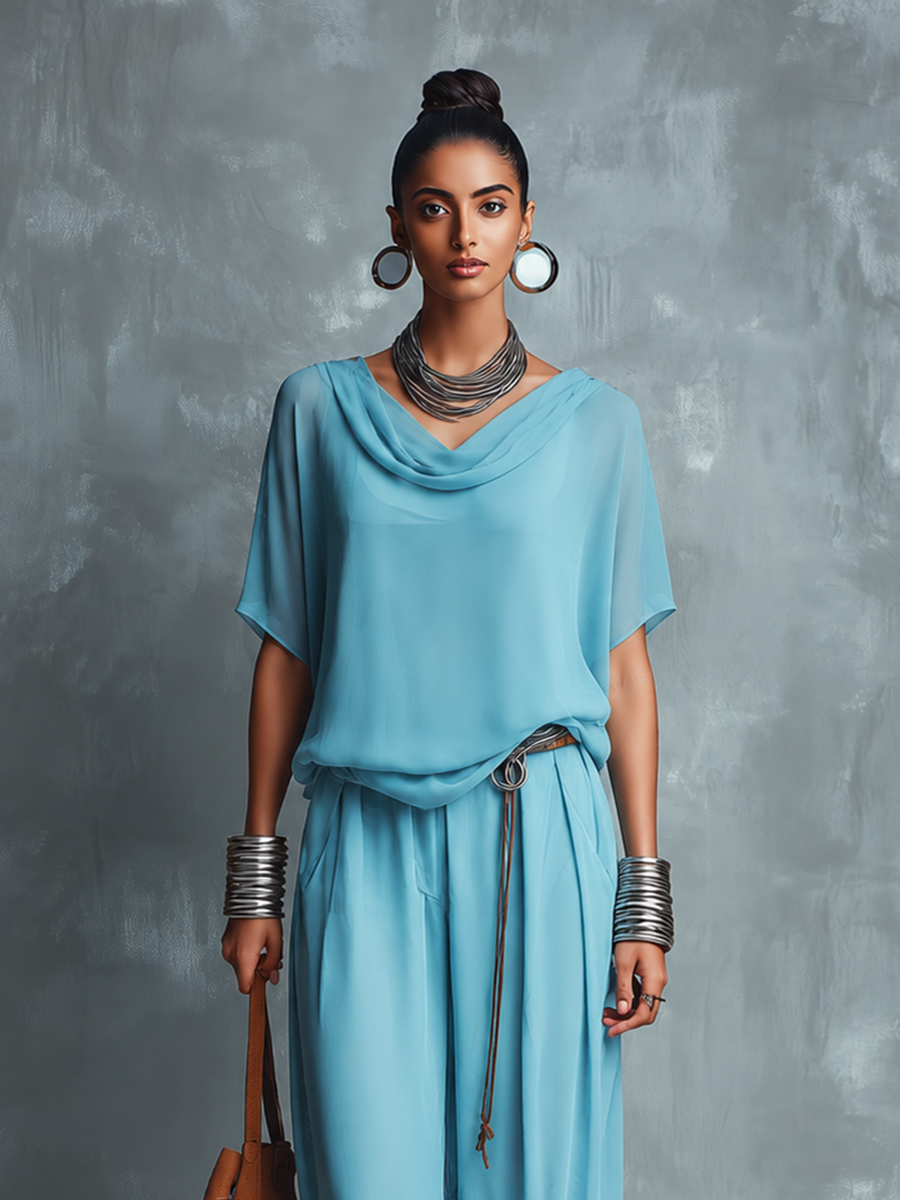 Constance - Ensemble Top à Col Cagoule en Chiffon Bleu et Pantalons à Jambes Amples