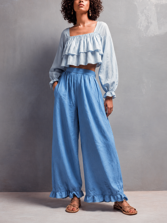 Églantine - Ensemble en Coton-Lin Bleu : Crop Top à Col Carré et Manches Bouffantes, Pantalons Amples Volants