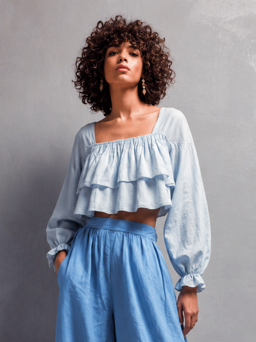 Églantine - Ensemble en Coton-Lin Bleu : Crop Top à Col Carré et Manches Bouffantes, Pantalons Amples Volants