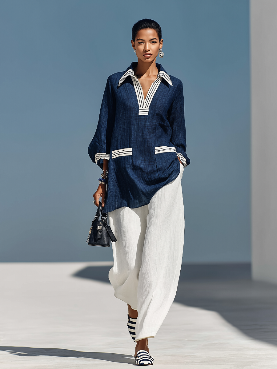Zélie - Ensemble coordonné en lin texturé bleu et blanc avec tunique à manches 3/4 et poignets rayés & pantalons en lin à taille élastique