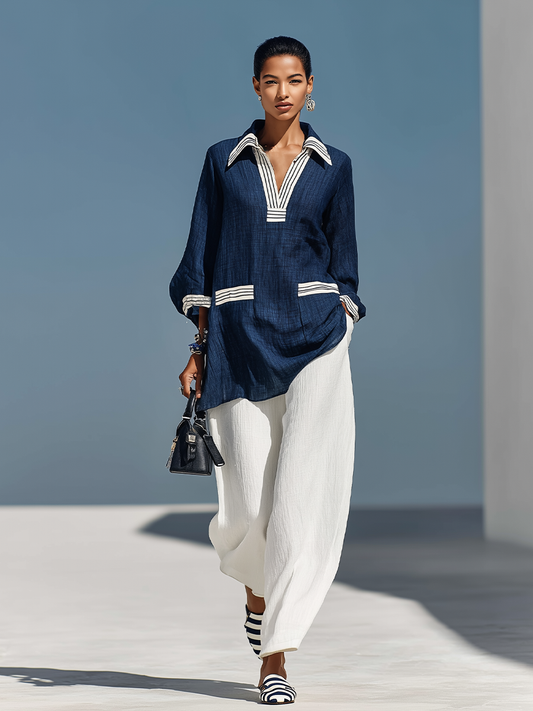Zélie - Ensemble coordonné en lin texturé bleu et blanc avec tunique à manches 3/4 et poignets rayés & pantalons en lin à taille élastique