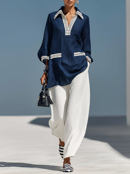 Zélie - Ensemble coordonné en lin texturé bleu et blanc avec tunique à manches 3/4 et poignets rayés & pantalons en lin à taille élastique