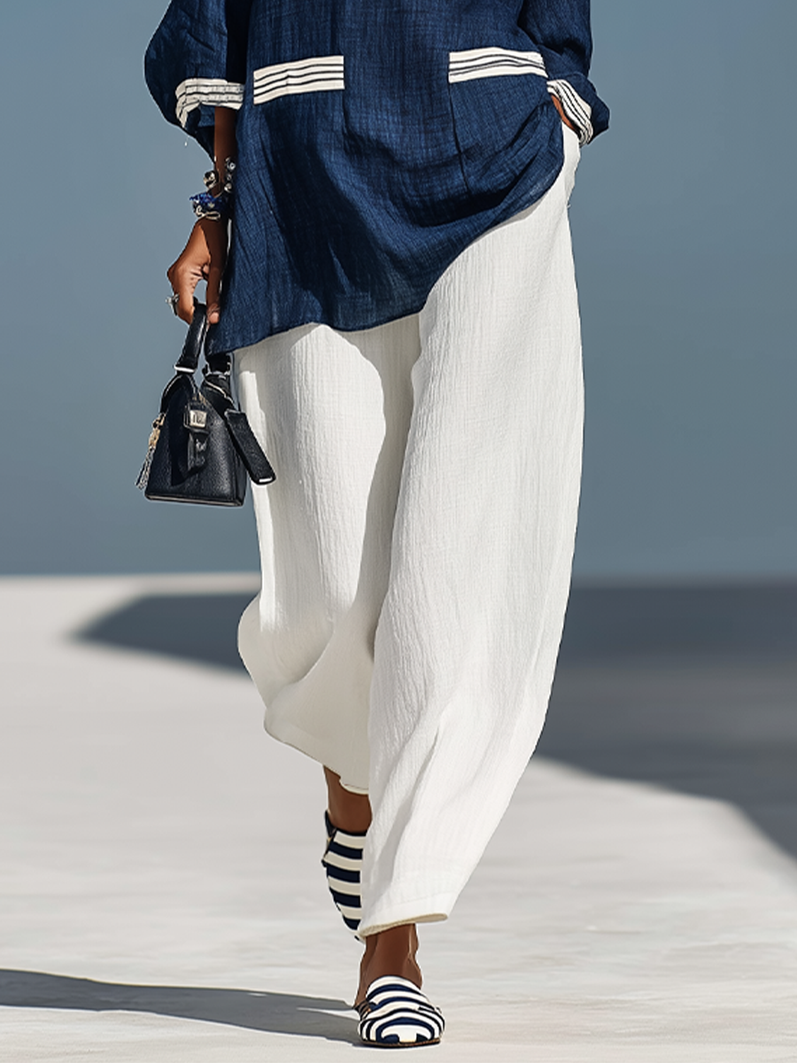Zélie - Ensemble coordonné en lin texturé bleu et blanc avec tunique à manches 3/4 et poignets rayés & pantalons en lin à taille élastique