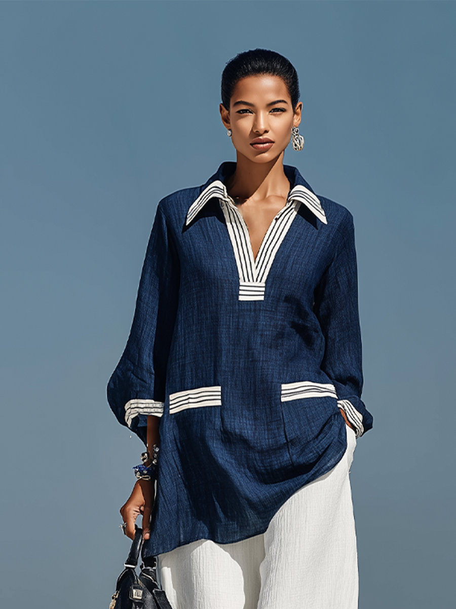 Zélie - Ensemble coordonné en lin texturé bleu et blanc avec tunique à manches 3/4 et poignets rayés & pantalons en lin à taille élastique