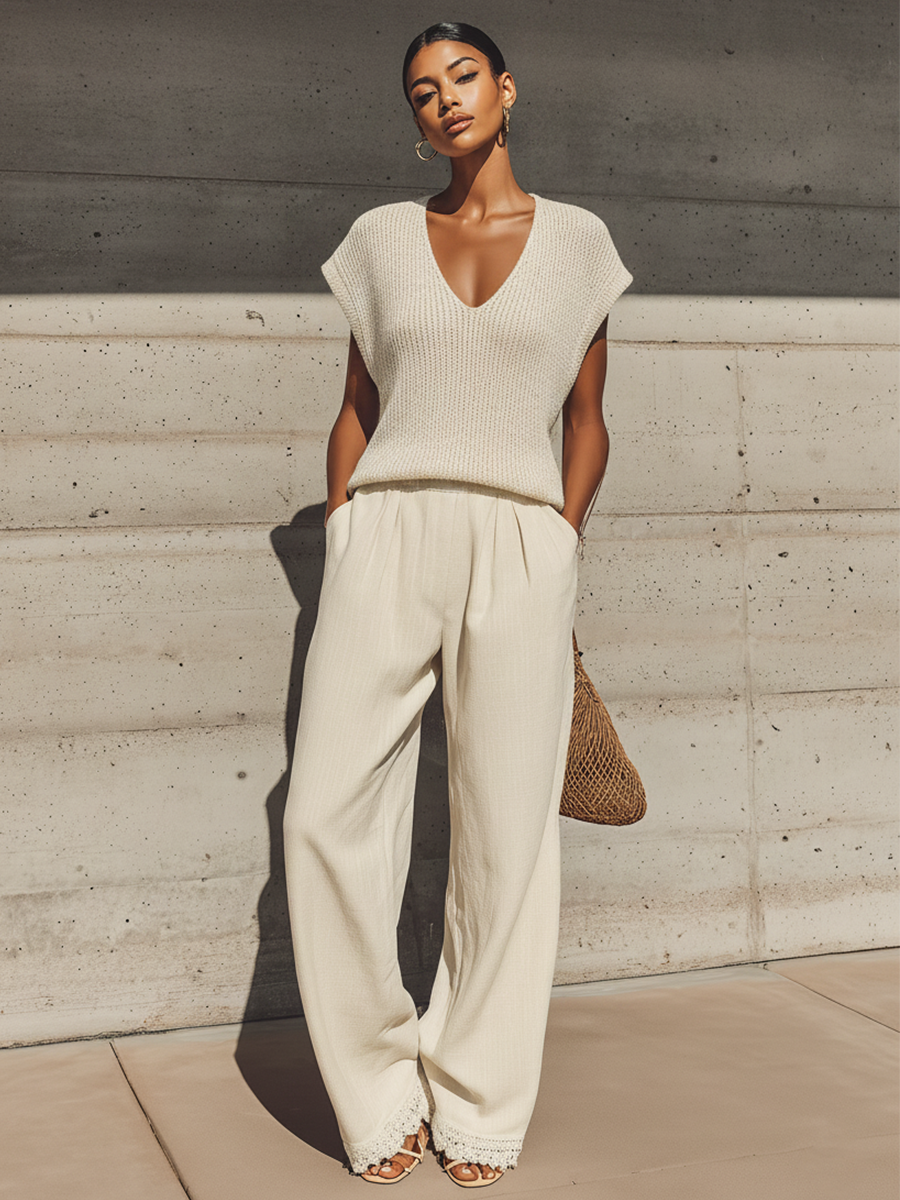 Sixtine - Ensemble Deux Pièces Top Tricot Beige à Col V à Manches Courtes & Pantalon Large en Lin à Taille Élastique et Ourlet en Dentelle