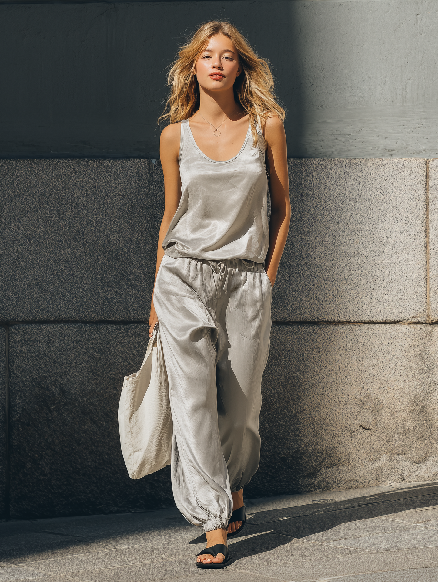 Thaïs - Ensemble Top Sans Manches Col Rond en Satin Gris Décontracté et Pantalons Lanternes Assortis