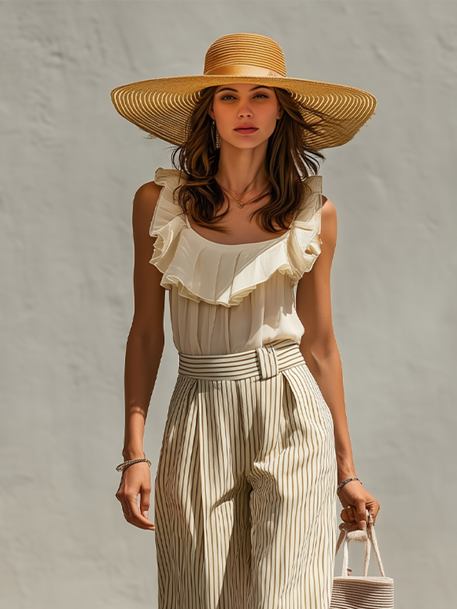 Ysé - Ensemble Deux-Pièces Crème & Beige Avec Top Camisole Sans Manches Volanté et Pantalons Large à Rayures Taille Haute
