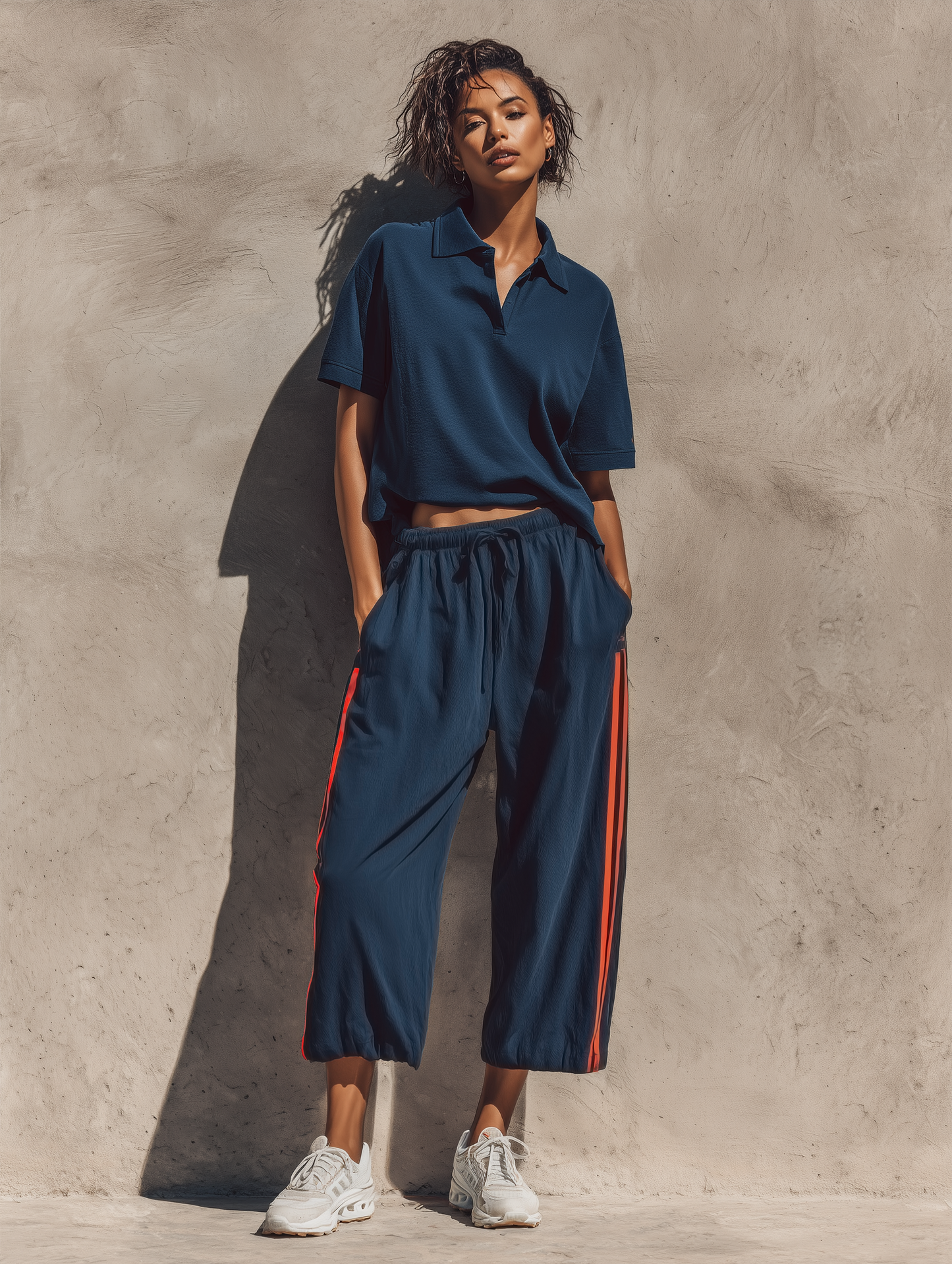 Salomé - Ensemble de Polo à Manches Courtes Ample en Marine pour Femmes & Pantalons Jogging Court à Rayures Orange avec Taille Élastique et Cordons
