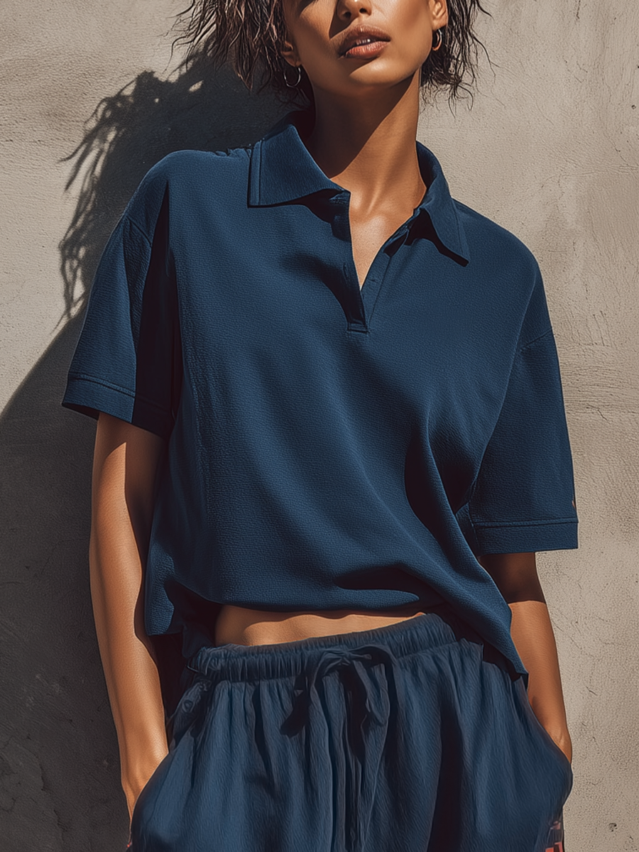 Salomé - Ensemble de Polo à Manches Courtes Ample en Marine pour Femmes & Pantalons Jogging Court à Rayures Orange avec Taille Élastique et Cordons
