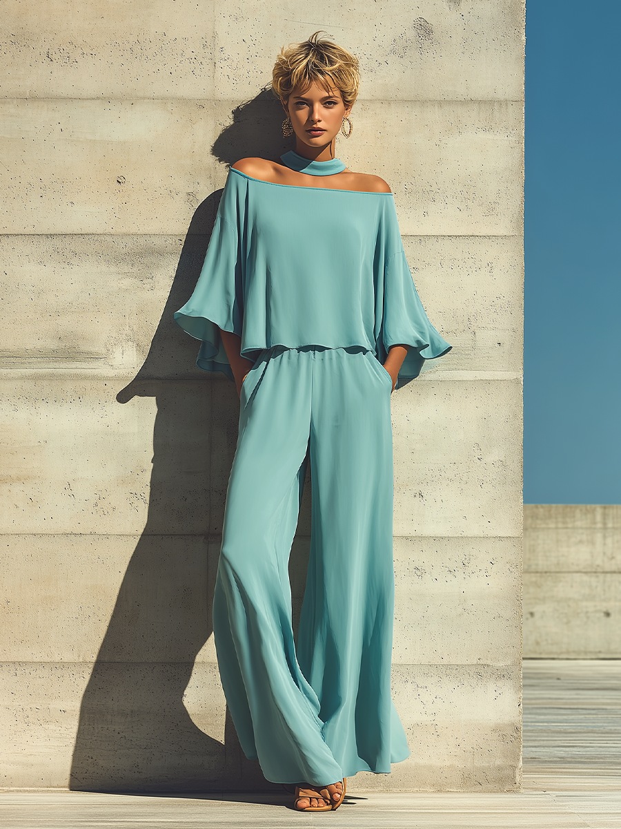 Roxane - Ensemble Top Superposé à Manches Évasées et Pantalon Large à Taille Élastique en Turquoise