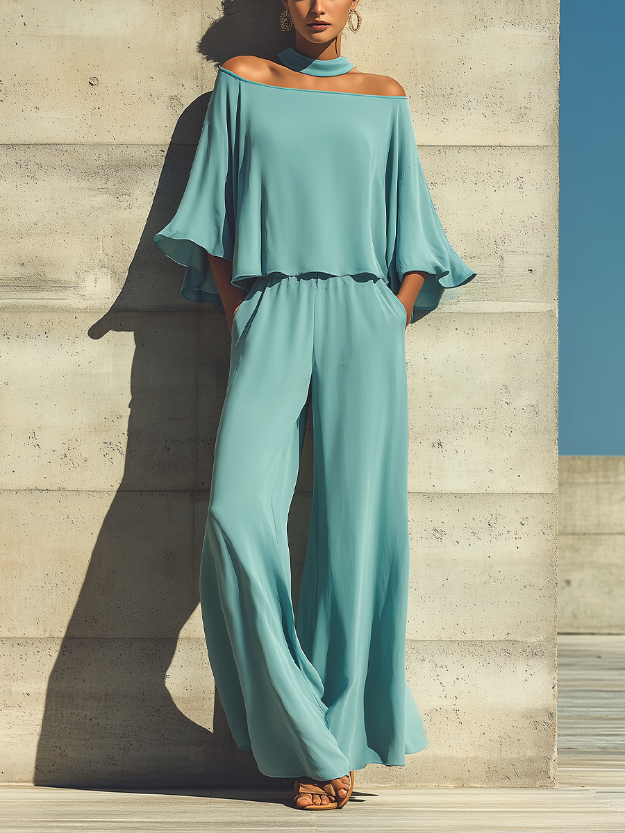 Roxane - Ensemble Top Superposé à Manches Évasées et Pantalon Large à Taille Élastique en Turquoise