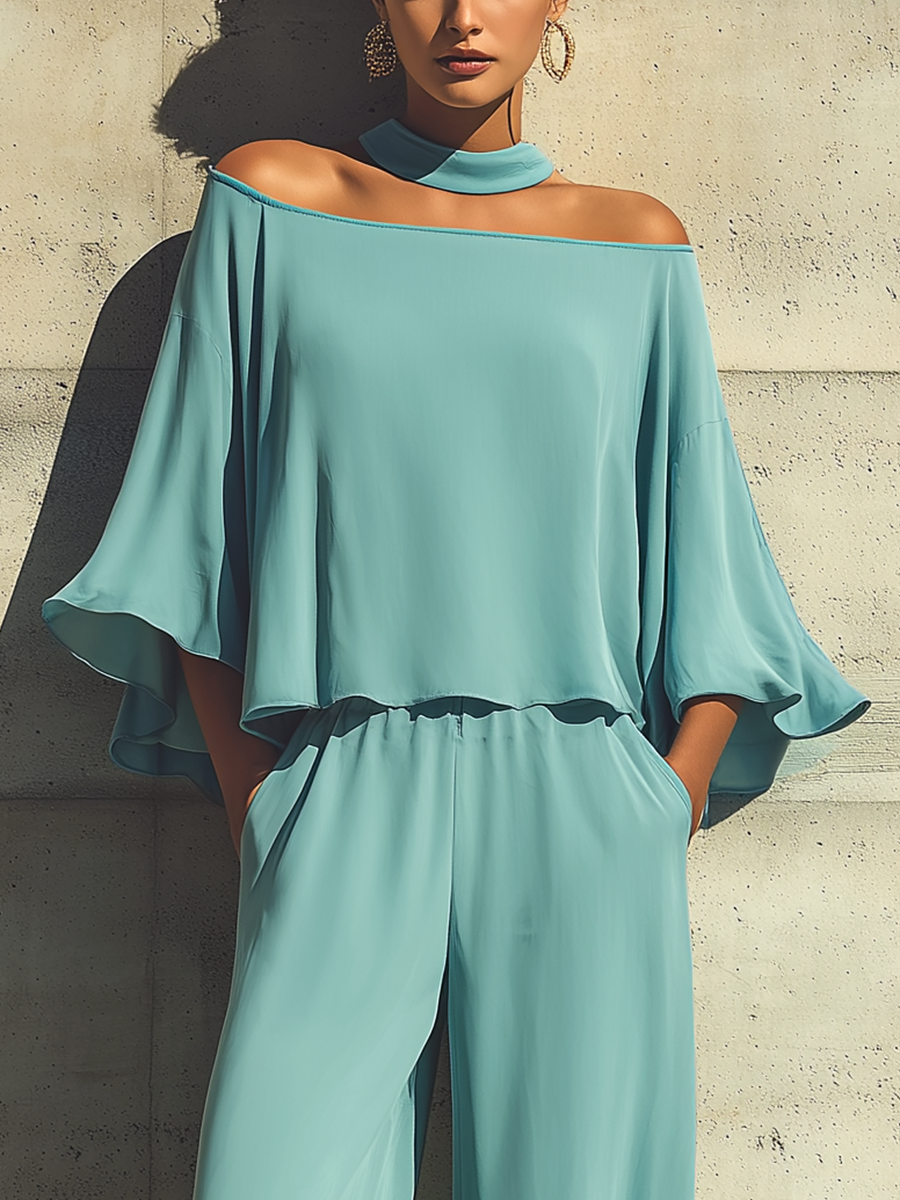 Roxane - Ensemble Top Superposé à Manches Évasées et Pantalon Large à Taille Élastique en Turquoise