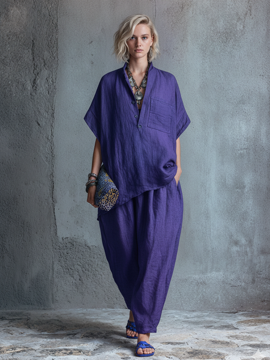 Océane - Ensemble Deux Pièces Blouse à Boutons Mi-Longs à Col Montant et Pantalons Lanternes en Mélange de Lin Violet Profond