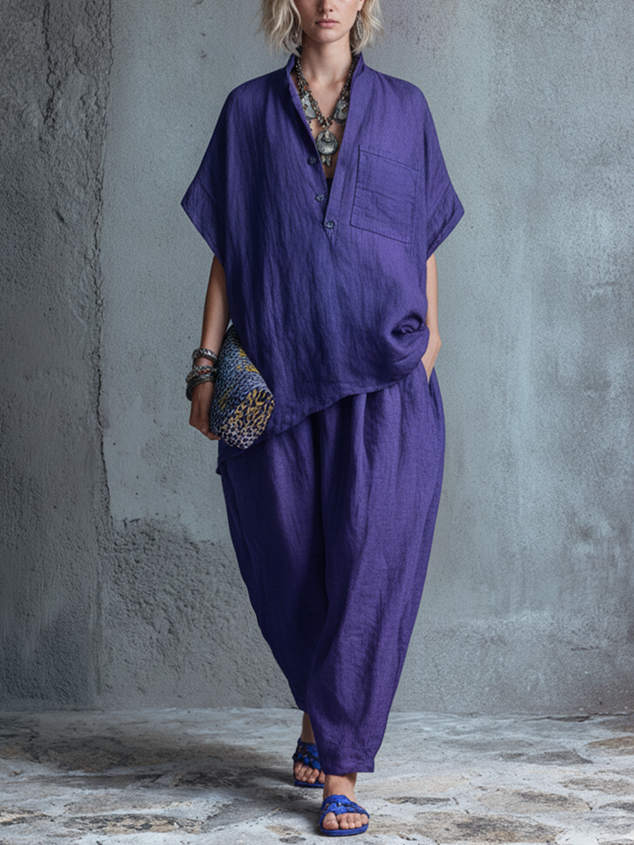 Océane - Ensemble Deux Pièces Blouse à Boutons Mi-Longs à Col Montant et Pantalons Lanternes en Mélange de Lin Violet Profond