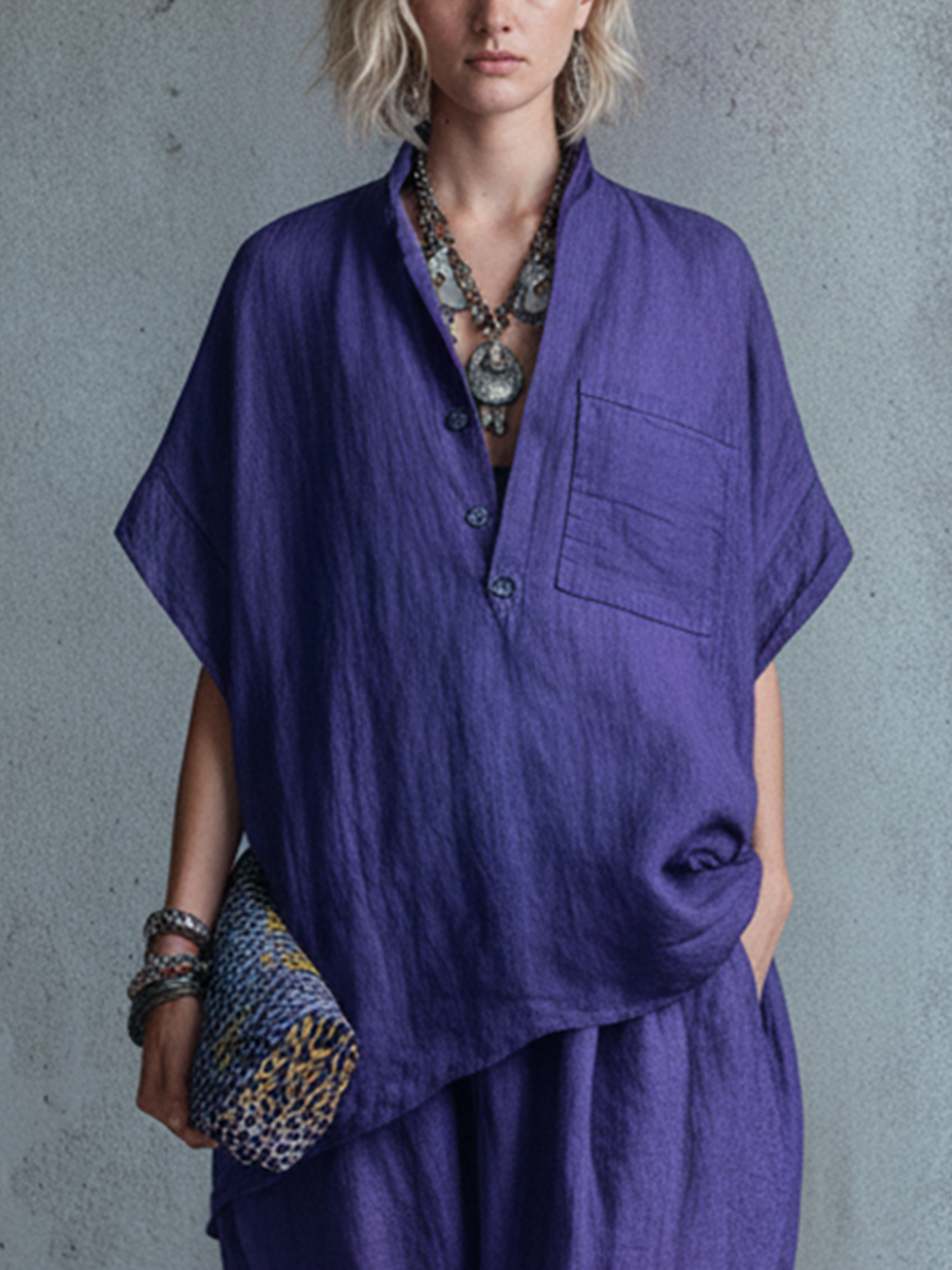 Océane - Ensemble Deux Pièces Blouse à Boutons Mi-Longs à Col Montant et Pantalons Lanternes en Mélange de Lin Violet Profond