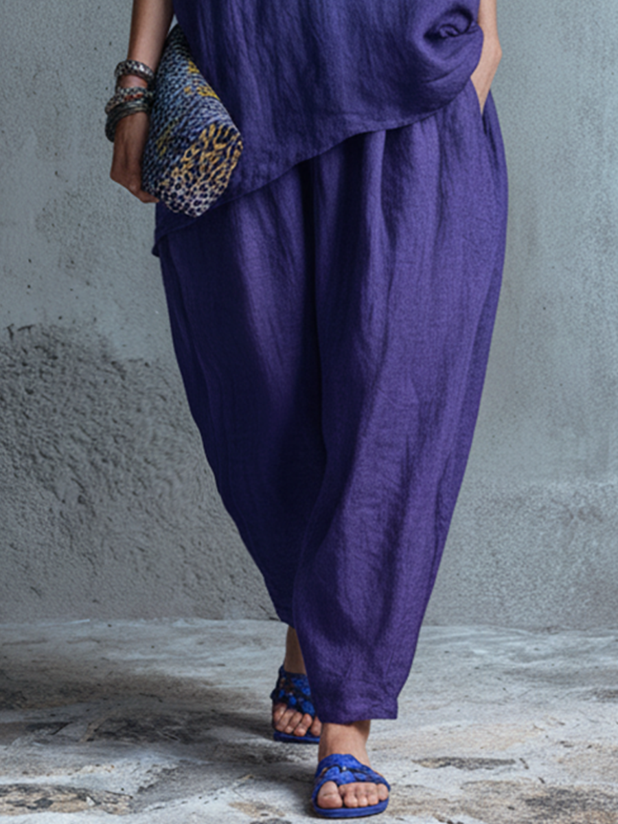 Océane - Ensemble Deux Pièces Blouse à Boutons Mi-Longs à Col Montant et Pantalons Lanternes en Mélange de Lin Violet Profond