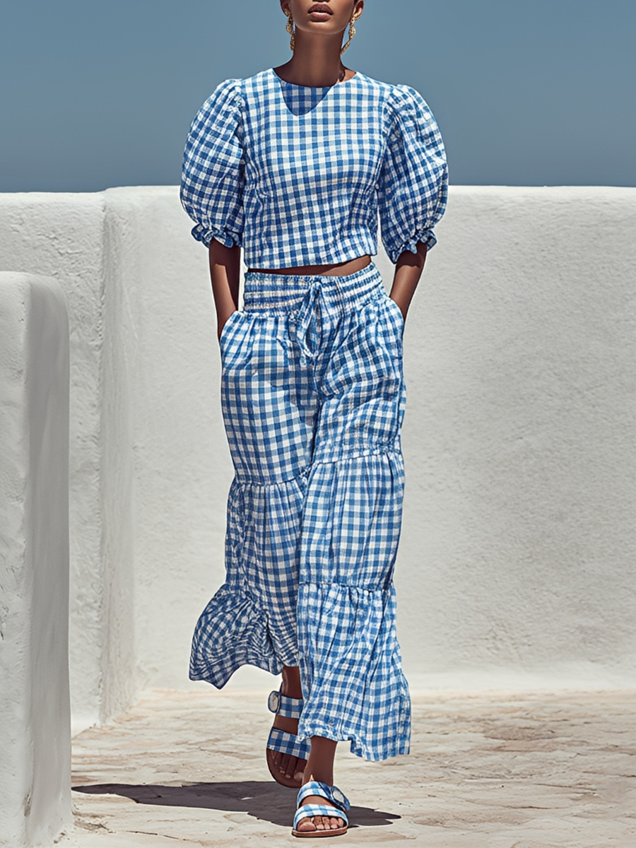 Perrine - Ensemble Deux-Pièces en Coton Vichy Bleu & Blanc avec Top Court à Manches Bouffantes et Pantalons Maxi à Volants, Tenue Décontractée d'Été