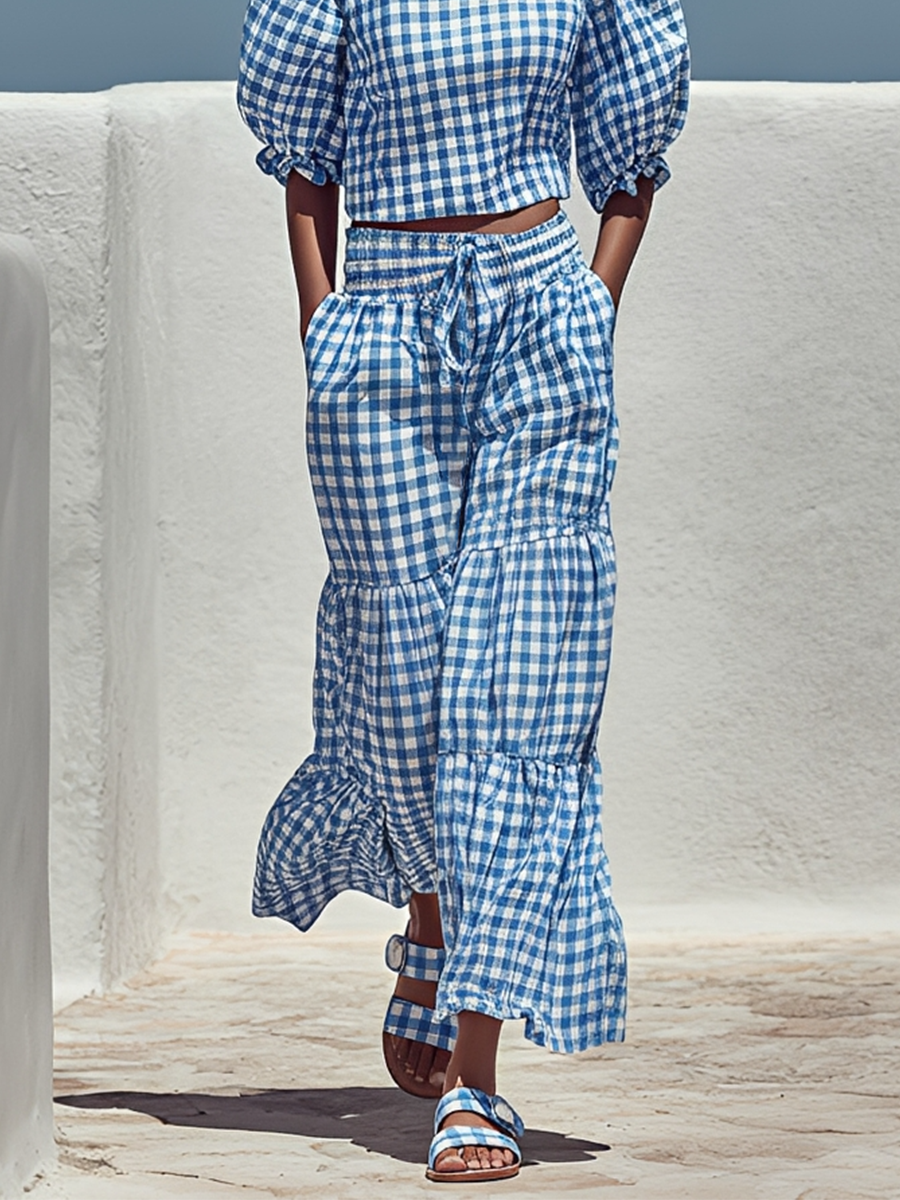 Perrine - Ensemble Deux-Pièces en Coton Vichy Bleu & Blanc avec Top Court à Manches Bouffantes et Pantalons Maxi à Volants, Tenue Décontractée d'Été