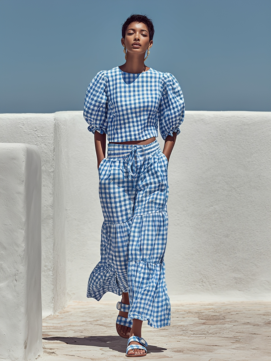 Perrine - Ensemble Deux-Pièces en Coton Vichy Bleu & Blanc avec Top Court à Manches Bouffantes et Pantalons Maxi à Volants, Tenue Décontractée d'Été
