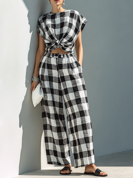 Maëlle - Ensemble top en lin à nœud devant et pantalon large à carreaux noir et blanc