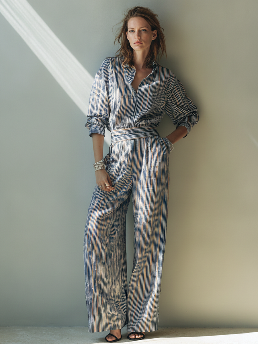 Maëlys - Ensemble Chemise en Lin Mélangé Rayée Multicolore et Pantalon Large